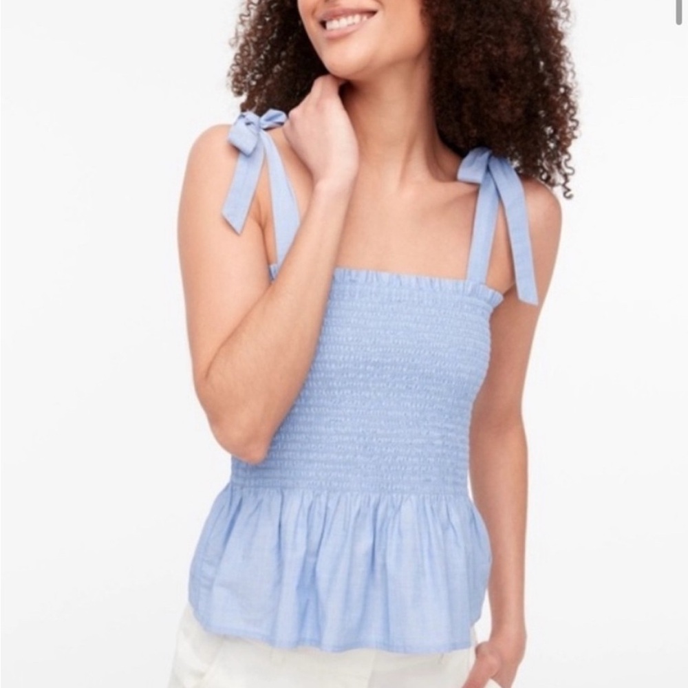 J. Crew Blue Smocked Tie Front Peplum Tank Top